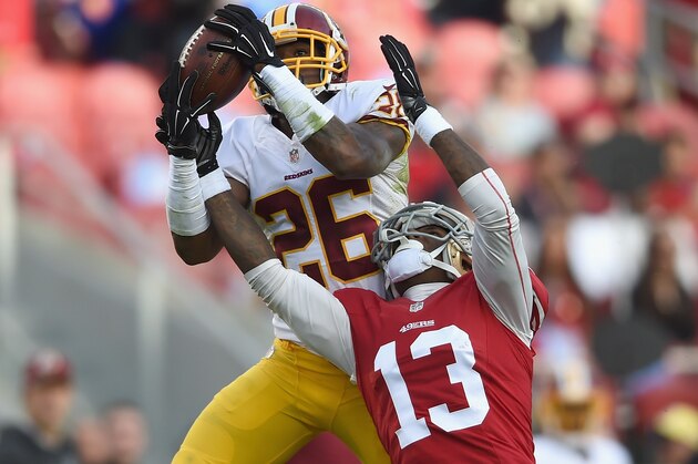 SANTA CLARA, CA - NOVEMBER 23:  Bashaud Breeland #26 of the Washington Redskins breaks up a pass intended for Steve Johnson #13 of the San Francisco 49ers in the third quarter at Levi's Stadium on November 23, 2014 in Santa Clara, California.  (Photo by Thearon W. Henderson/Getty Images)