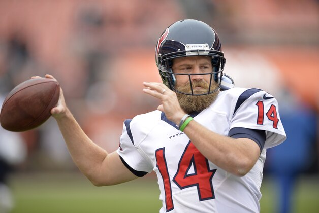 Houston Texans quarterback Ryan Fitzpatrick warms up before an NFL football game against the Cleveland Browns Sunday, Nov. 16, 2014, in Cleveland. (AP Photo/David Richard)