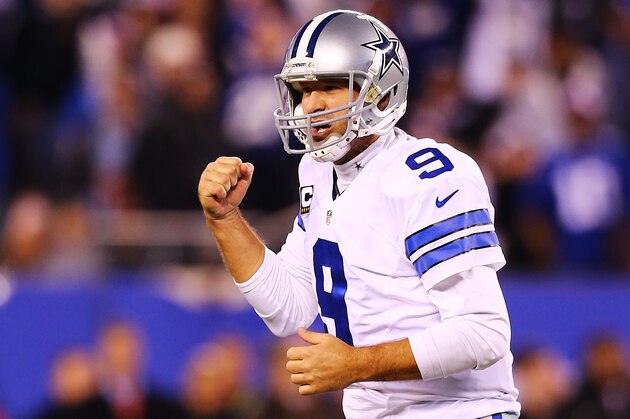EAST RUTHERFORD, NJ - NOVEMBER 23:  Tony Romo #9 of the Dallas Cowboys celebrates throwing the game winning touchdown pass in the fourth quarter against the New York Giants at MetLife Stadium on November 23, 2014 in East Rutherford, New Jersey. The Cowboys defeated the Giants 31 to 28.  (Photo by Elsa/Getty Images)