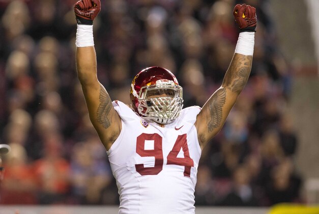 Oct 25, 2014; Salt Lake City, UT, USA; USC Trojans defensive end Leonard Williams (94) reacts during the first half against the Utah Utes at Rice-Eccles Stadium. Mandatory Credit: Russ Isabella-USA TODAY Sports