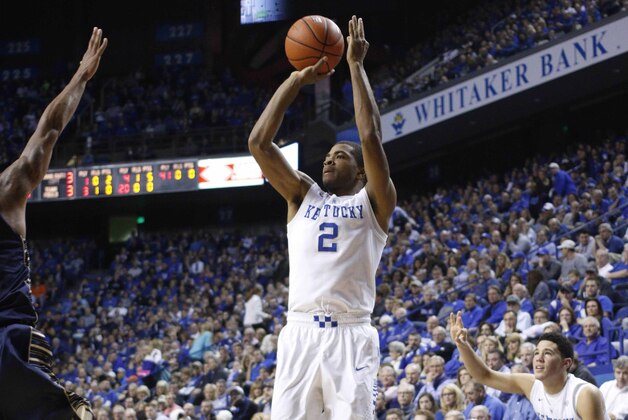 Nov 23, 2014; Lexington, KY, USA; Kentucky Wildcats guard Aaron Harrison (2) shoots a three pointer against the Montana State Bobcats  in the second half at Rupp Arena. Kentucky defeated Montana State 86-28. Mandatory Credit: Mark Zerof-USA TODAY Sports