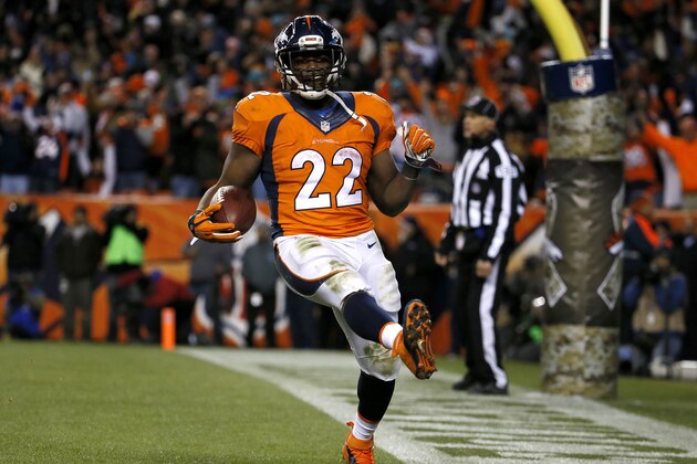 Denver Broncos running back C.J. Anderson (22) celebrate his touchdown run against the Miami Dolphins during the second half of an NFL football game, Sunday, Nov. 23, 2014, in Denver. (AP Photo/Jack Dempsey)