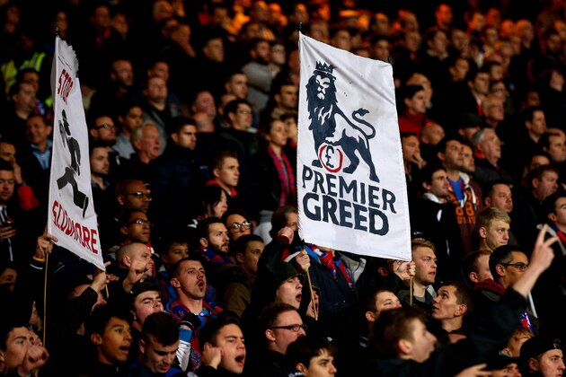 LONDON, ENGLAND - NOVEMBER 03:  Crystal Palace fans hold up protest banners during the Barclays Premier League match between Crystal Palace and Sunderland at Selhurst Park on November 3, 2014 in London, England.  (Photo by Ian Walton/Getty Images)