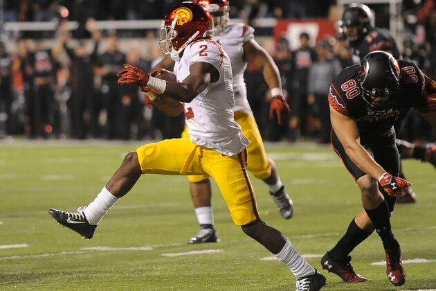 SALT LAKE CITY, UT - OCTOBER 25: Cornerback Adoree' Jackson #2 of the USC Trojans runs after his fumble recovery during their game against the Utah Utes at Rice-Eccles Stadium on October 25, 2014 in Salt Lake City, Utah. (Photo by Gene Sweeney Jr/Getty Images )