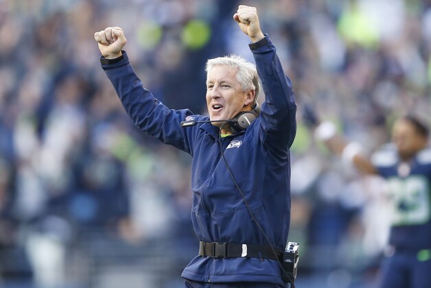 Nov 23, 2014; Seattle, WA, USA; Seattle Seahawks head coach Pete Carroll celebrates after a touchdown against the Arizona Cardinals during the third quarter at CenturyLink Field. Mandatory Credit: Joe Nicholson-USA TODAY Sports