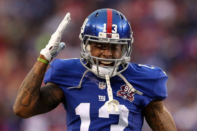 EAST RUTHERFORD, NJ - NOVEMBER 16:  Odell Beckham #13 of the New York Giants reacts  in the fourth quarter against the San Francisco 49ers at MetLife Stadium on November 16, 2014 in East Rutherford, New Jersey.  (Photo by Michael Heiman/Getty Images)