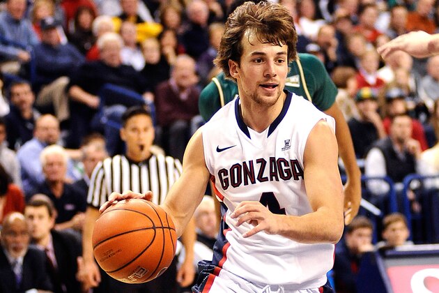 Nov 14, 2014; Spokane, WA, USA;  Gonzaga Bulldogs guard Kevin Pangos (4) drives the lane against the Sacramento State Hornets during the second half at McCarthey Athletic Center. Bulldogs won 104-58. Mandatory Credit: James Snook-USA TODAY Sports