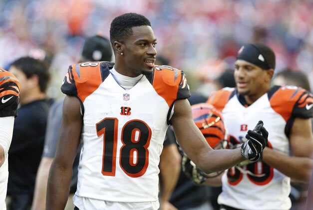 Nov 23, 2014; Houston, TX, USA; Cincinnati Bengals wide receiver A.J. Green (18) on the bench late in the fourth quarter against the Houston Texans at NRG Stadium. The Bengals beat the Texans 22-19. Mandatory Credit: Matthew Emmons-USA TODAY Sports