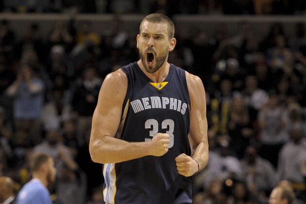 Nov 23, 2014; Memphis, TN, USA; Memphis Grizzlies center Marc Gasol (33) reacts after scoring against the Los Angeles Clippersu at FedExForum. Memphis Grizzlies beat the Los Angeles Clippers 107 - 91. Mandatory Credit: Justin Ford-USA TODAY Sports