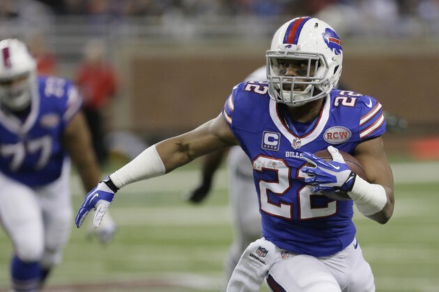 Buffalo Bills running back Fred Jackson runs during the first half of an NFL football game against the New York Jets in Detroit, Monday, Nov.24, 2014. Jackson, who went undrafted out of Coe College in 2007, needs nine rushing yards against the Jets to surpass Willie Parker for the third-most rushing yards all-time by an undrafted player. (AP Photo/Duane Burleson)
