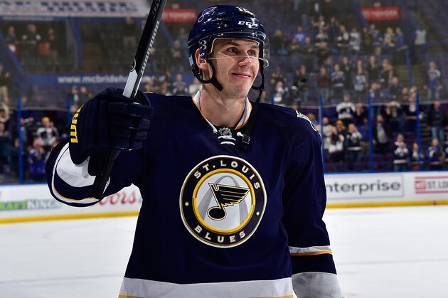 ST. LOUIS, MO - NOVEMBER 11: Jori Lehtera #12 of the St. Louis Blues salutes the fans after scoring a natural hat trick and defeating the Buffalo Sabres on November 11, 2014 at Scottrade Center in St. Louis, Missouri. (Photo by Scott Rovak/NHLI via Getty Images)