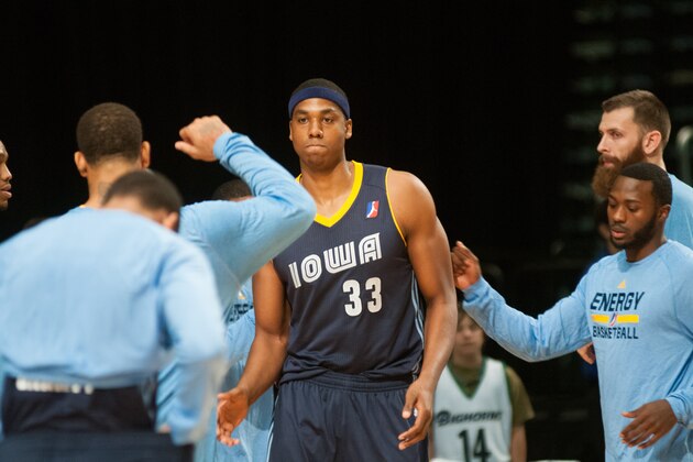RENO, NV - NOVEMBER 14:  Hassan Whiteside #33 of the Iowa Energy is introduced before the game against the Reno Bighorns on November 14, 2014 at the Reno Events Center in Reno, Nevada. NOTE TO USER: User expressly acknowledges and agrees that, by downloading and/or using this Photograph, user is consenting to the terms and conditions of the Getty Images License Agreement. Mandatory Copyright Notice: Copyright 2014 NBAE (Photo by David Calvert/NBAE via Getty Images)