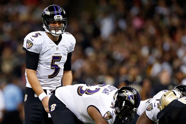 NEW ORLEANS, LA - NOVEMBER 24:  Joe Flacco #5 of the Baltimore Ravens anticipates a play during the second quarter of a game against the New Orleans Saints at the Mercedes-Benz Superdome on November 24, 2014 in New Orleans, Louisiana.  (Photo by Wesley Hitt/Getty Images)