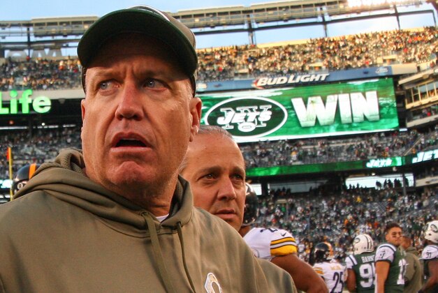 Nov 9, 2014; East Rutherford, NJ, USA; New York Jets head coach Rex Ryan walks off the field after the New York Jets 20-13 victory over the Pittsburgh Steelers at MetLife Stadium. Mandatory Credit: Ed Mulholland-USA TODAY Sports