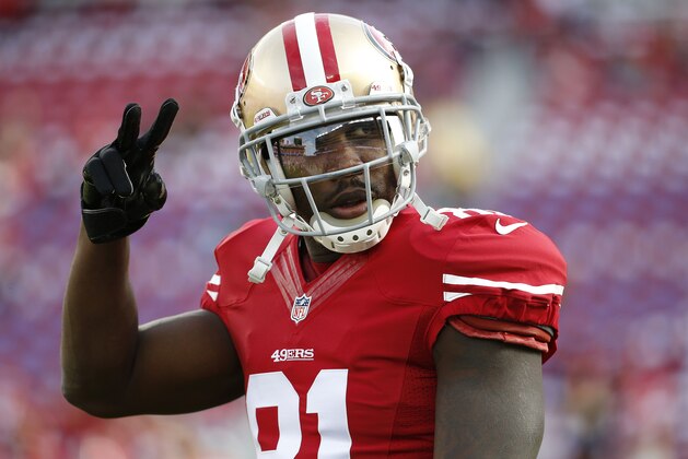 San Francisco 49ers wide receiver Anquan Boldin (81) warms up before an NFL football game against the Washington Redskins in Santa Clara, Calif., Sunday, Nov. 23, 2014. (AP Photo/Tony Avelar)