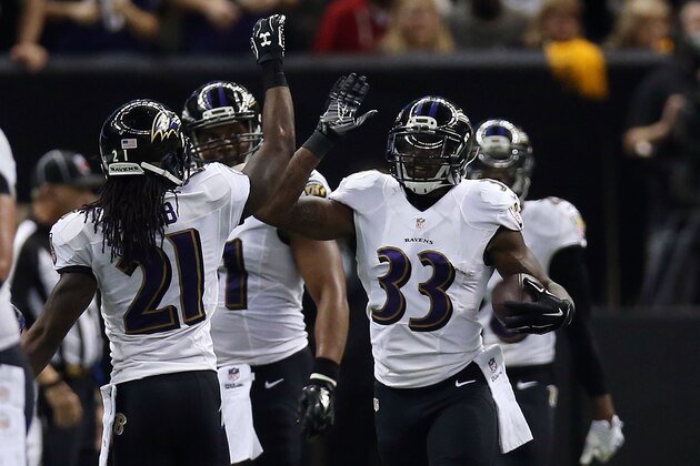 NEW ORLEANS, LA - NOVEMBER 24: Will Hill #33 of the Baltimore Ravens celebrates a touchdown during the third quarter of a game against the New Orleans Saints at the Mercedes-Benz Superdome on November 24, 2014 in New Orleans, Louisiana.  (Photo by Chris Graythen/Getty Images)