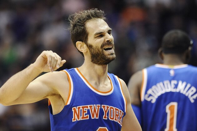 New York Knicks guard Jose Calderon (3) reacts during the first during the first quarter of a preseason NBA basketball game, Saturday, Oct. 11, 2014, in Uncasville, Conn. (AP Photo/Jessica Hill)