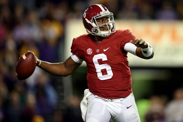 BATON ROUGE, LA - NOVEMBER 08:  Blake Sims #6 of the Alabama Crimson Tide drops back to pass against the LSU Tigers during a game at Tiger Stadium on November 8, 2014 in Baton Rouge, Louisiana.  (Photo by Chris Graythen/Getty Images)