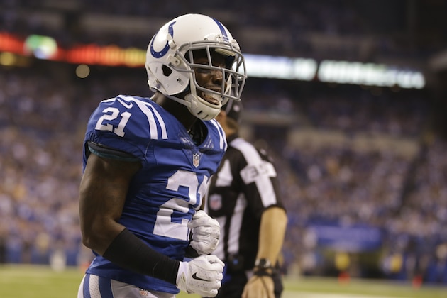 Indianapolis Colts cornerback Vontae Davis (21) reacts during the second half of an NFL football game against the Jacksonville Jaguars Sunday, Nov. 23, 2014 in Indianapolis. (AP Photo/Michael Conroy)