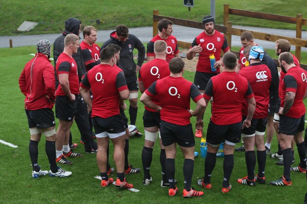 BAGSHOT, ENGLAND - NOVEMBER 25:  The England forwards gather during the England training session held at Pennyhill Park on November 25, 2014 in Bagshot, England.  (Photo by David Rogers/Getty Images)