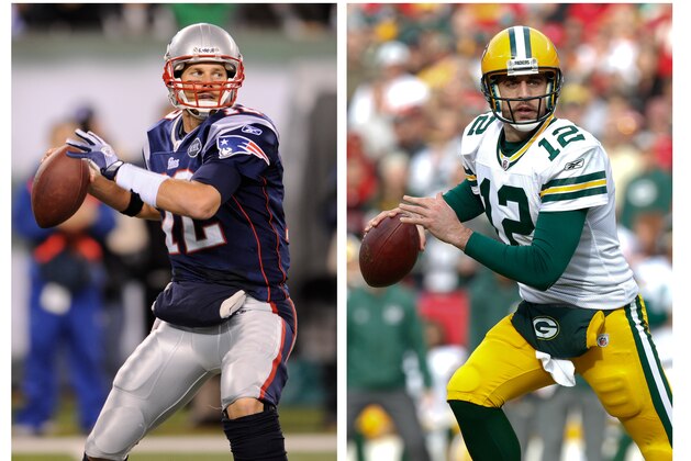 FILE - In these 2011 file photos, New England Patriots quarterback Tom Brady, left, and Green Bay Packers quarterback Aaron Rodgers look to pass during NFL football games. Brady and Rodgers were announced as Pro Bowl starters for the AFC and the NFC, respectively, by the NFL on Tuesday, Dec. 27, 2011. Brady is one of eight Patriots to make the Pro Bowl. Seven Packers were named to the team. (AP Photos/File)