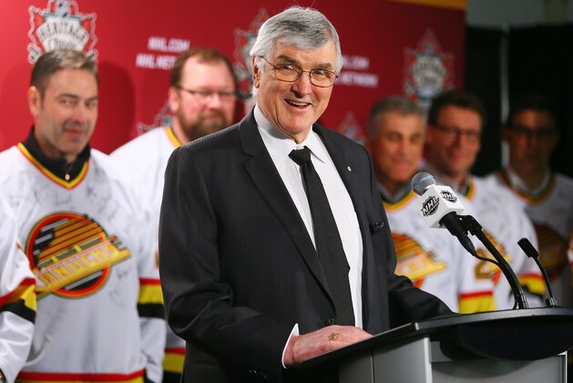 VANCOUVER, CANADA - MARCH 2: (EDITORIAL USE ONLY) Pat Quinn the Coach of the 1993/94 Vancouver Canucks Team holds a press conference with members of that team at the 2014 Tim Hortons NHL Heritage Classic between the Vancouver Canucks and Ottawa Senators at BC Place on March 2, 2014 in Vancouver, British Columbia, Canada. (Photo by Graig Abel/NHLI via Getty Images)