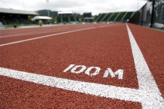 The 100 meter start line is show on the Historic Hayward Field track at the U.S. Olympic Track and Field Trials on Monday, July 2, 2012 in Eugene, Ore. Jeneba Tarmoh has conceded her spot in the 100 meters rather than race against training partner Allyson Felix. Tarmoh notified USA Track and Field on Monday of her intention to withdraw. (AP Photo/Eric Gay)