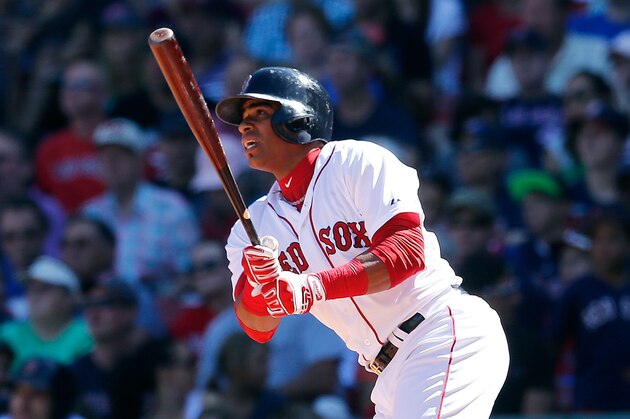 BOSTON, MA - SEPTEMBER 7:  Yoenis Cespedes #52 of the Boston Red Sox watches the flight of his ball against the Toronto Blue Jays in the third inning at Fenway Park on September 7, 2014 in Boston, Massachusetts.  (Photo by Jim Rogash/Getty Images)