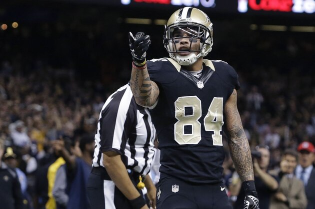 New Orleans Saints wide receiver Kenny Stills (84) reacts after making a reception for a first down in the first half of an NFL football game in New Orleans, Monday, Nov. 24, 2014. (AP Photo/Jonathan Bachman)