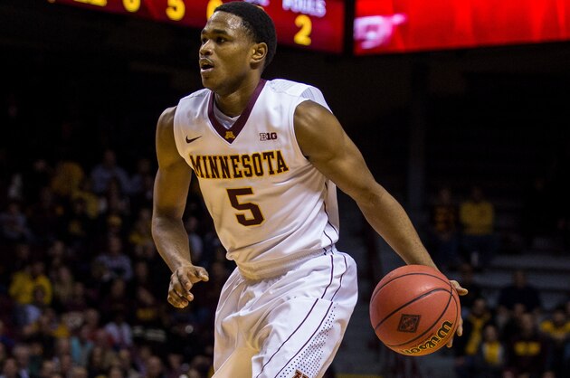 Nov 18, 2014; Minneapolis, MN, USA; Minnesota Golden Gophers guard Daquein McNeil (5) dribbles during the second half against the Western Kentucky Hilltoppers at Williams Arena. Minnesota defeated Western Kentucky 76-54. Mandatory Credit: Brace Hemmelgarn-USA TODAY Sports
