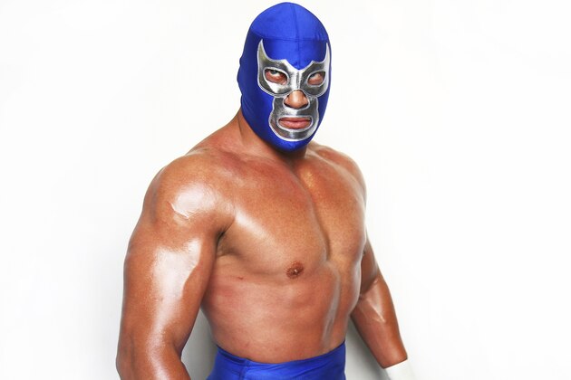 LONDON - JULY 5, 2008: Mexican Lucha Libre Wrestler Blue Demon Jr. poses for a portrait at the Roundhouse in Camden on June 5, 2008 in London, England. Blue Demon Jr. is currently one of the most successful luchadores in Mexico, a film star, and also a comic character in Cartoon Network's Mucha Lucha animations. (Photo by Daniel Berehulak/Getty Images)
