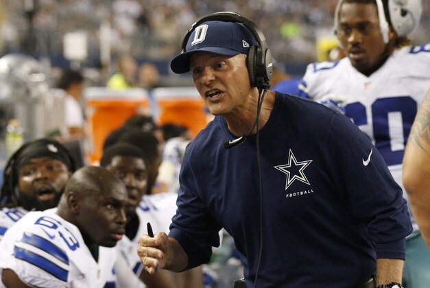 Aug 16, 2014; Arlington, TX, USA; Dallas Cowboys defensive coordinator Rod Marinelli talks with the defensive line on the sidelines during the game against the Baltimore Ravens at AT&T Stadium. Mandatory Credit: Matthew Emmons-USA TODAY Sports