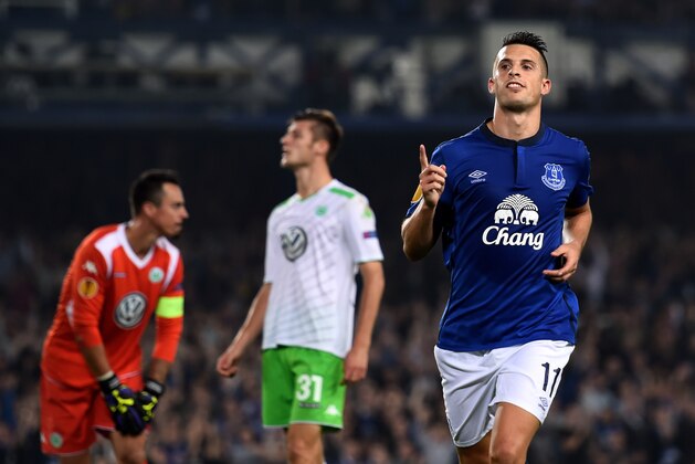 LIVERPOOL, ENGLAND - SEPTEMBER 18:  Kevin Mirallas of Everton celebrates after scoring his team's fourth goal during the UEFA Europa League Group H match between Everton and VFL Wolfsburg on September 18, 2014 in Liverpool, United Kingdom.  (Photo by Shaun Botterill/Getty Images)