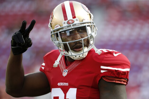 San Francisco 49ers wide receiver Anquan Boldin (81) warms up before an NFL football game against the Washington Redskins in Santa Clara, Calif., Sunday, Nov. 23, 2014. (AP Photo/Tony Avelar)