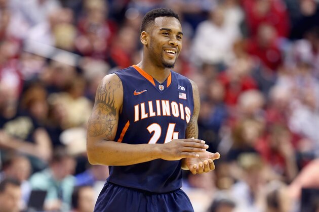INDIANAPOLIS, IN - MARCH 13: Rayvonte Rice #24 of the Illinois Fighting Illini celebrates in the game against the Indiana Hoosiers during the first round of the Big Ten Basketball Tournament at Bankers Life Fieldhouse on March 13, 2014 in Indianapolis, Indiana.  (Photo by Andy Lyons/Getty Images)