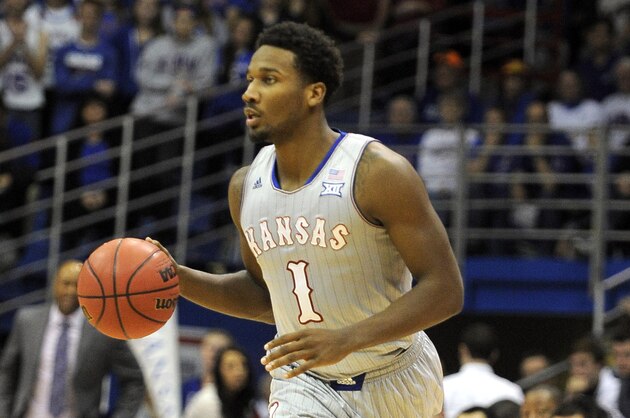 Nov 24, 2014; Lawrence, KS, USA; Kansas Jayhawks guard Wayne Selden Jr. (1) dribbles against the Rider Broncs in the second half at Allen Fieldhouse. Kansas won the game 87-60. Mandatory Credit: John Rieger-USA TODAY Sports