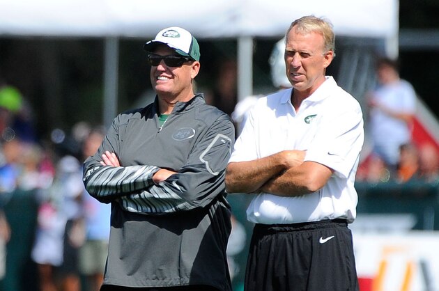 Jul 24, 2014; Cortland, NY, USA; New York Jets head coach Rex Ryan and general manager John Idzik look on during training camp at SUNY Cortland. Mandatory Credit: Rich Barnes-USA TODAY Sports