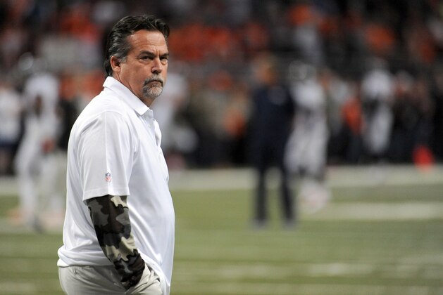St. Louis Rams head coach Jeff Fisher roams the field before the start of an NFL football game between the St. Louis Rams and the Denver Broncos Sunday, Nov. 16, 2014, in St. Louis. (AP Photo/L.G. Patterson)