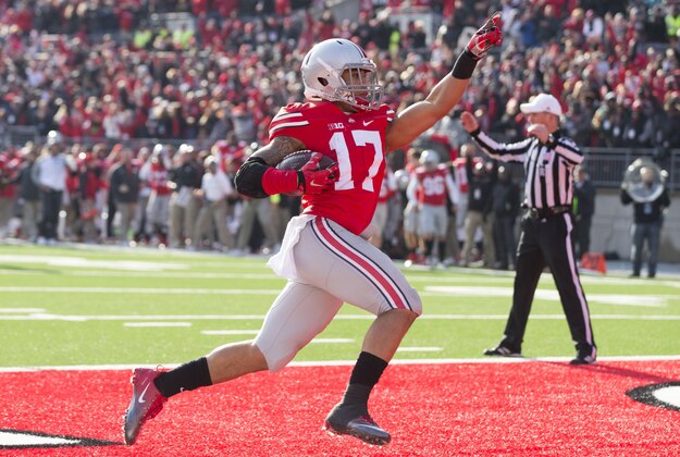 Nov 22, 2014; Columbus, OH, USA; Ohio State Buckeyes running back Jalin Marshall (17) celebrates after scoring against the Indiana Hoosiers at Ohio Stadium. Ohio State won the game 42-27. Mandatory Credit: Greg Bartram-USA TODAY Sports