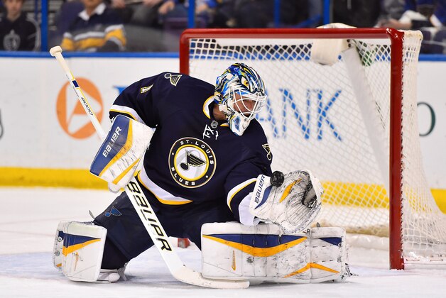 Nov 25, 2014; St. Louis, MO, USA; St. Louis Blues goalie Brian Elliott (1) makes a save against the Ottawa Senators during the first period at Scottrade Center. Mandatory Credit: Jasen Vinlove-USA TODAY Sports