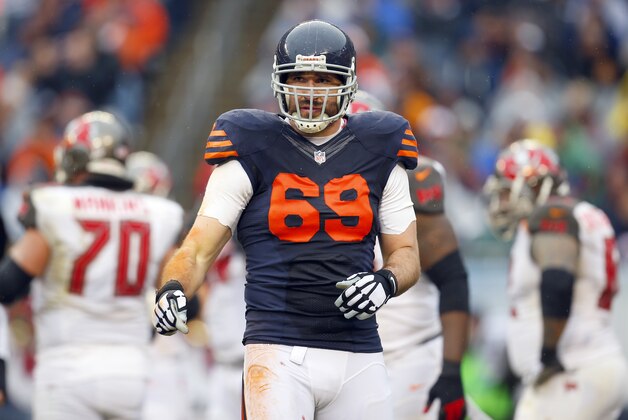 Chicago Bears defensive end Jared Allen (69)looks toward the bench against the Tampa Bay Buccaneers during an NFL football game on Sunday, Nov. 23, 2014 in Chicago. The Bears won the game 21-13. (Jeff Haynes/AP Images for Panini)