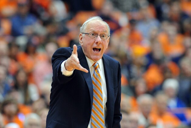 Nov 25, 2014; Syracuse, NY, USA; Syracuse Orange head coach Jim Boeheim reacts to a call against the Loyola (Md) Greyhounds during the second half at the Carrier Dome.  Syracuse defeated Loyola 70-37.  Mandatory Credit: Rich Barnes-USA TODAY Sports