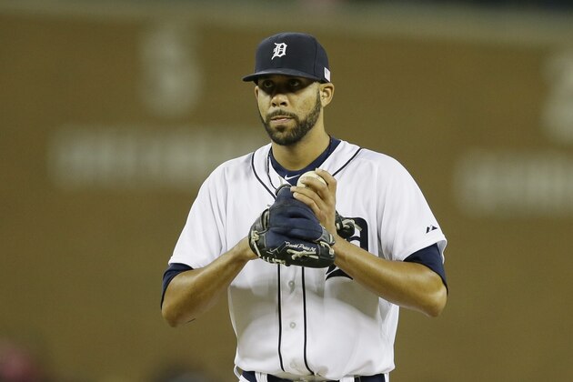Detroit Tigers starting pitcher David Price is seen during the eighth inning of a baseball game against the Cleveland Indians in Detroit, Friday, Sept. 12, 2014. (AP Photo/Carlos Osorio)