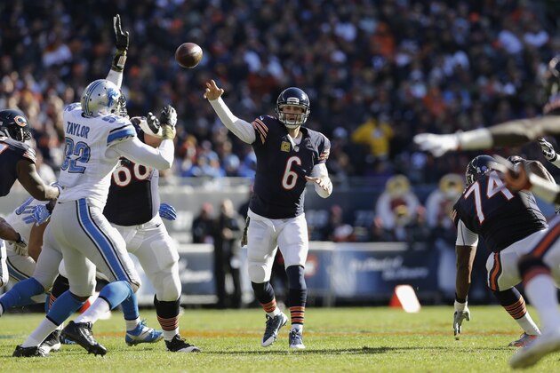 Chicago Bears quarterback Jay Cutler (6) throws a pass during the first half of an NFL football game against the Detroit Lions, Sunday, Nov. 10, 2013, in Chicago. (AP Photo/Nam Y. Huh)