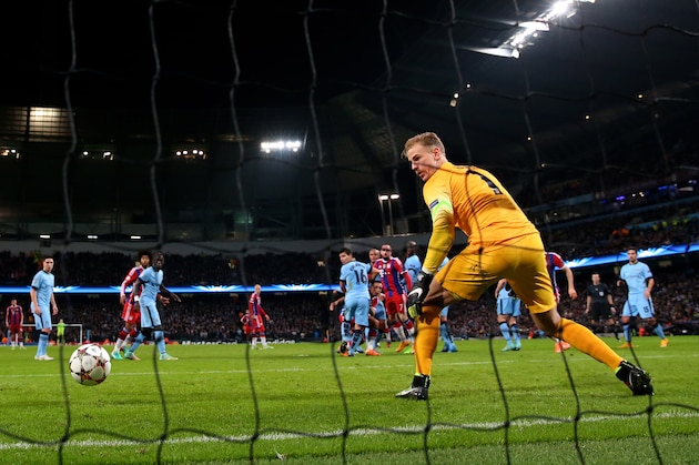 MANCHESTER, ENGLAND - NOVEMBER 25:  Goalkeeper Joe Hart of Manchester City is beaten by the free kick from Xabi Alonso (not seen) of Bayern Muenchen during the UEFA Champions League Group E match between Manchester City and FC Bayern Muenchen at the Etihad Stadium on November 25, 2014 in Manchester, United Kingdom.  (Photo by Alex Livesey/Getty Images)