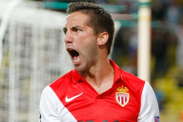 Monaco's Joao Moutinho, reacts after scoring, during the Champions League Group C soccer match between Monaco and Bayer Leverkusen at Louis II stadium in Monaco, Tuesday, Sept. 16, 2014. (AP Photo/Claude Paris)