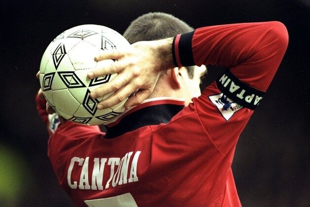 10 Feb 1996:  Eric Cantona of Manchester United prepares to take a throw in during an FA Carling Premiership match against Blackburn Rovers at Old Trafford in Manchester, England. Manchester United won the match 1-0. \ Mandatory Credit: Shaun  Botterill/Allsport