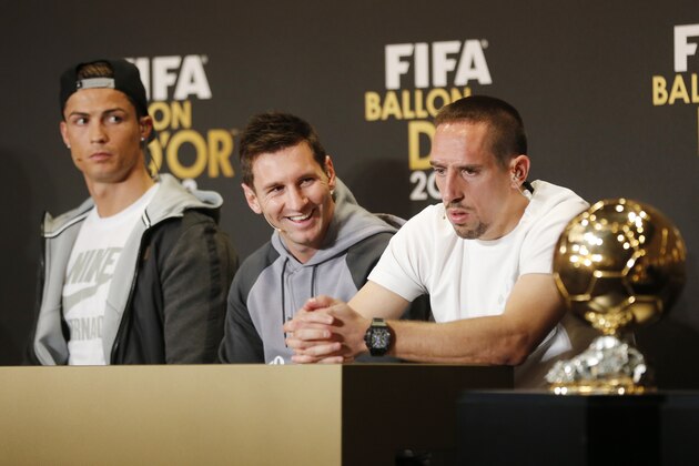Real Madrid's Christiano Ronaldo of Portugal, FC Barcelona's Lionel Messi of Argentina, and Bayern Munich's Franck Ribery of France, from left, the three nominees for world soccer player of the year, take part in a press conference prior to the FIFA Ballon d'Or 2013 Gala in Zurich, Switzerland, Monday, Jan. 13, 2014. (AP Photo/Michael Probst)