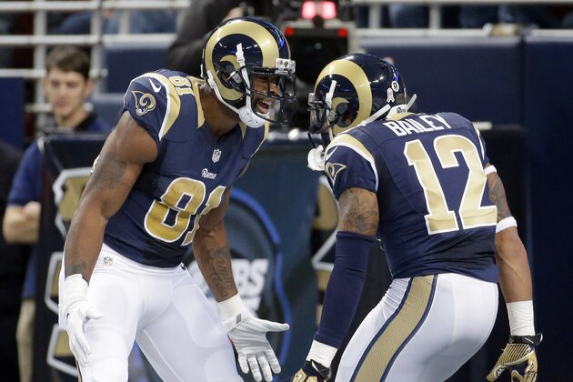 St. Louis Rams wide receiver Kenny Britt, left, celebrates with teammate Stedman Bailey after catching a 63-yard pass for a touchdown during the first quarter of an NFL football game against the Denver Broncos, Sunday, Nov. 16, 2014, in St. Louis. (AP Photo/Charlie Riedel)