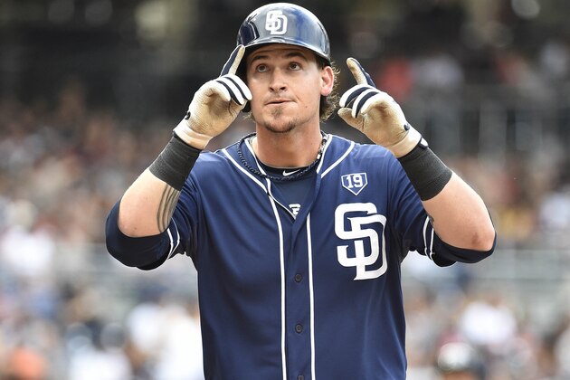 SAN DIEGO, CA - JULY 19:  Yasmani Grandal #8 of the San Diego Padres points skyward after he hit a solo home run during the second inning of a baseball game against the New York Mets at Petco Park on July 19, 2014 in San Diego, California.  (Photo by Denis Poroy/Getty Images)